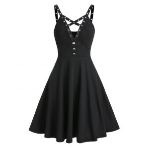 

Crisscross Grommet Trim Cami A Line Dress, Black