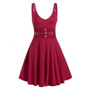 

Buckle Strap Button High Waist Dress, Red wine