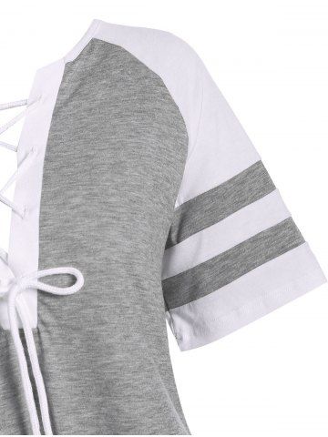 

Colorblock Stripes Panel Lace Up Plus Size Top, Gray