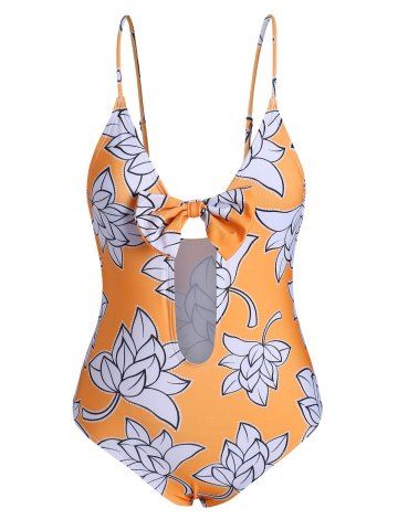 Leaf Print Bowknot One-piece Swimsuit - RUBBER DUCKY YELLOW - L