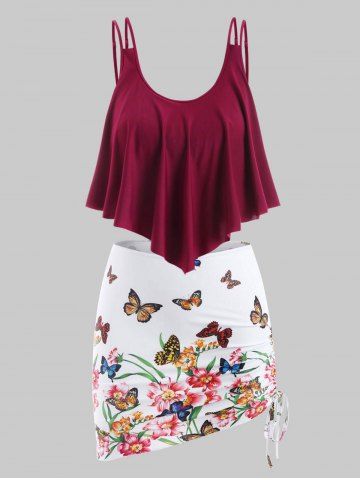 Plus Size Butterfly Floral Print Ruffle Three Piece Swimwear - RED WINE - 3X