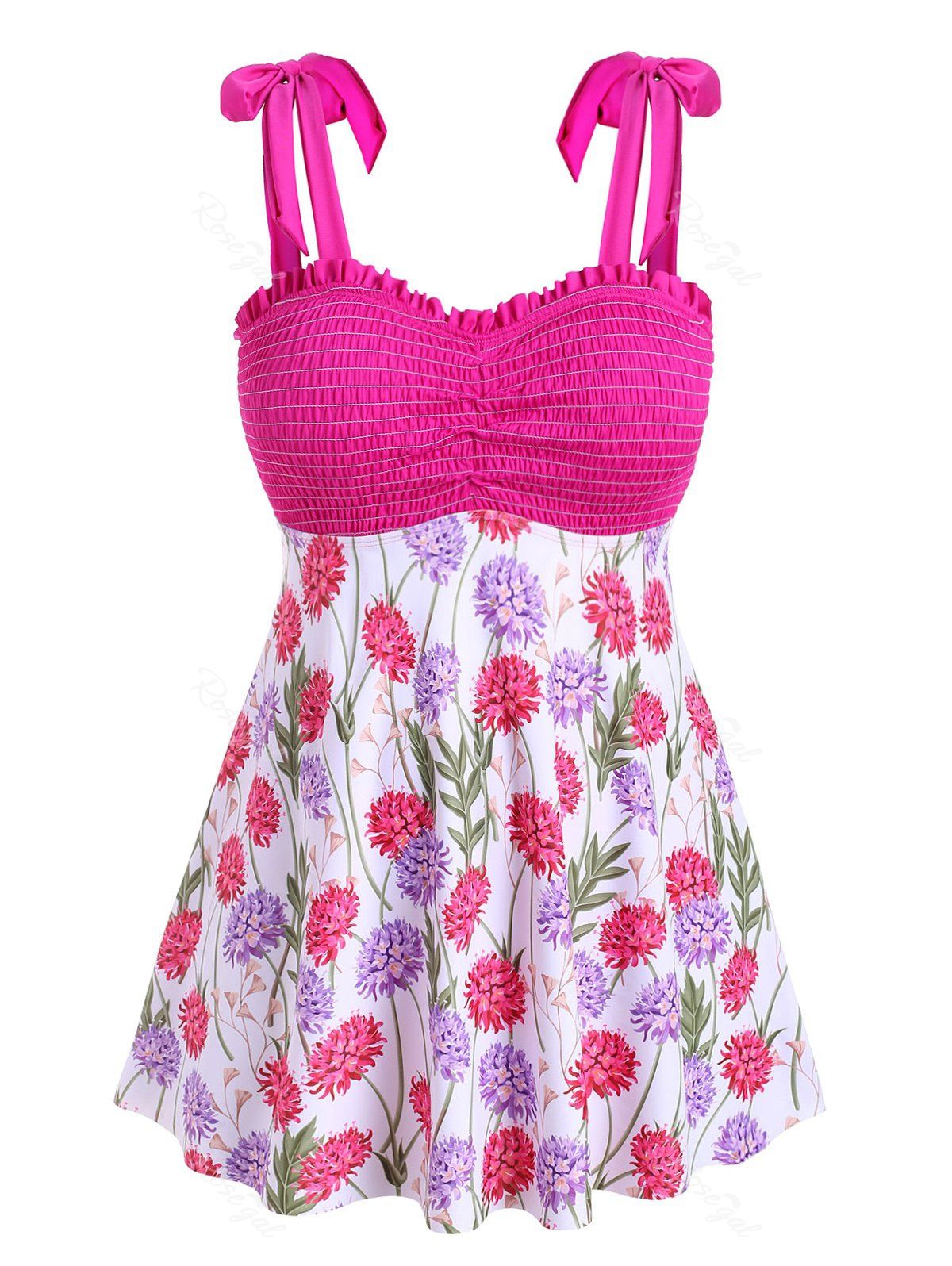 

Tie Shoulder Smocked Floral Plus Size Tankini Swimwear, Dimorphotheca magenta