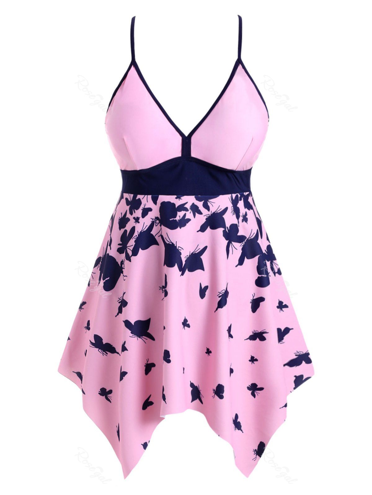 

Handkerchief Butterfly Print Plus Size Tankini Swimwear, Pink