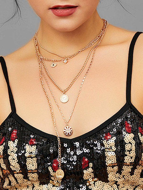 

Evil Eye Rhinestone Disc Multilayered Chain Necklace, Gold