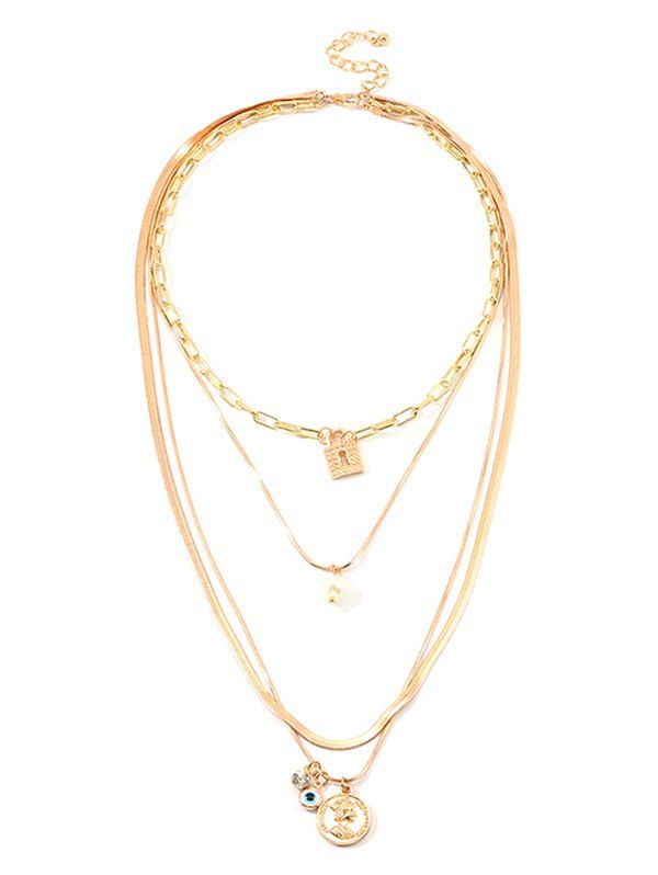 

Portrait Lock Faux Pearl Multilayered Chain Necklace, Gold