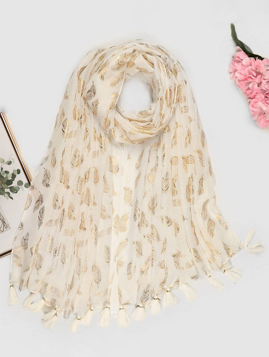 

Feather Pattern Gold Stamping Tassel Scarf, White