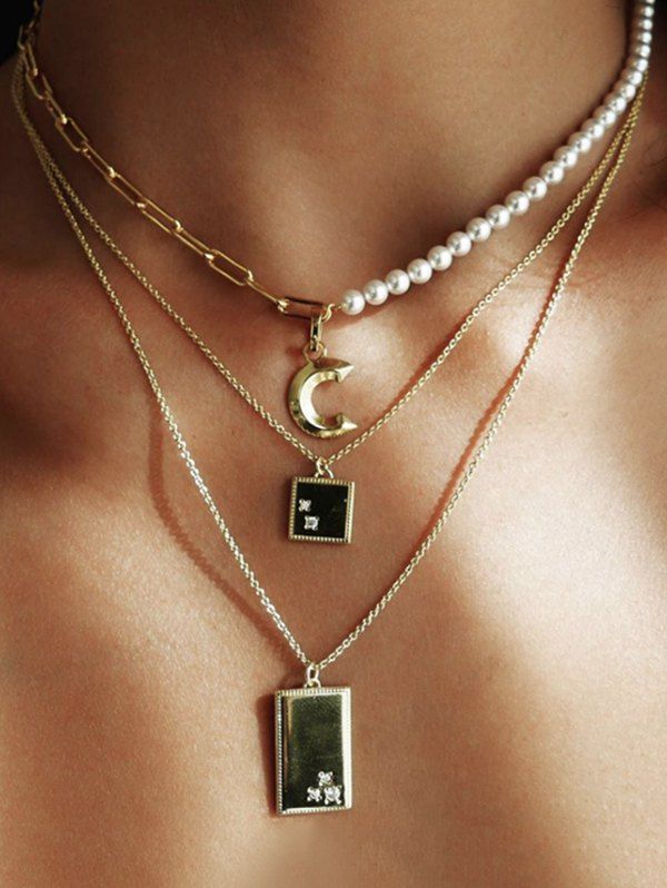 

Multilayered Faux Pearl Square Pendant Necklace, Gold