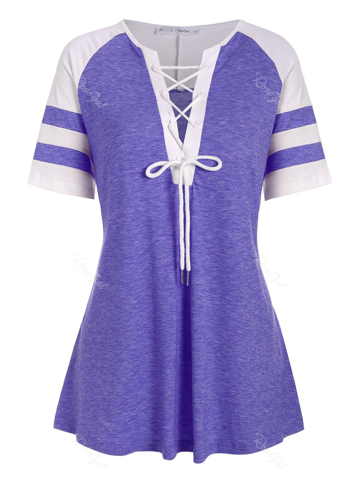 

Colorblock Stripes Panel Lace Up Plus Size Top, Medium purple