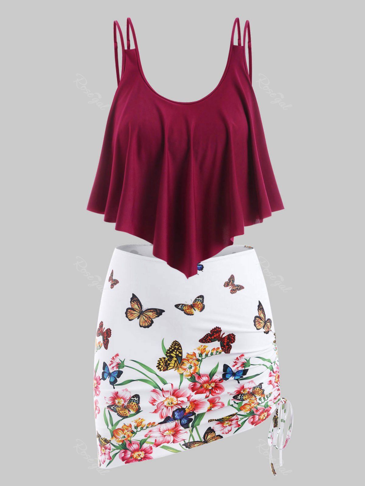 

Plus Size Butterfly Floral Print Ruffle Three Piece Swimwear, Red wine