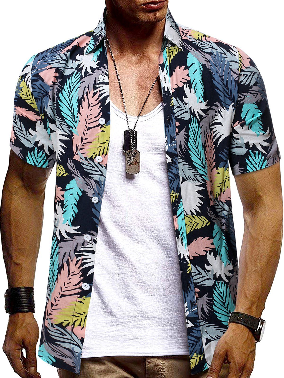 

Colorful Leaves Print Casual Short Sleeve Shirt, Multi