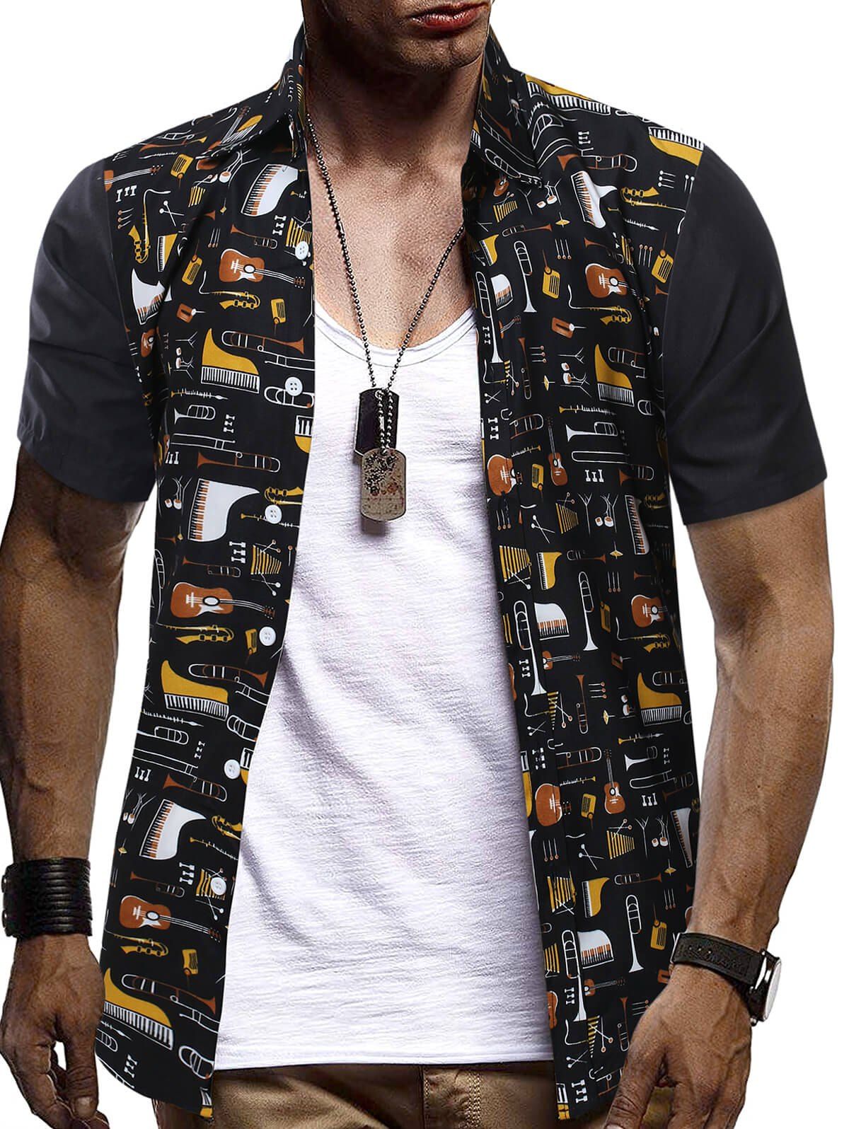 

Musical Instruments Print Button Up Casual Shirt, Multi