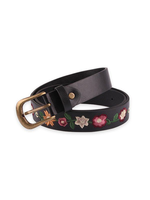 

Floral Embroidery PU Leather Belt, Black