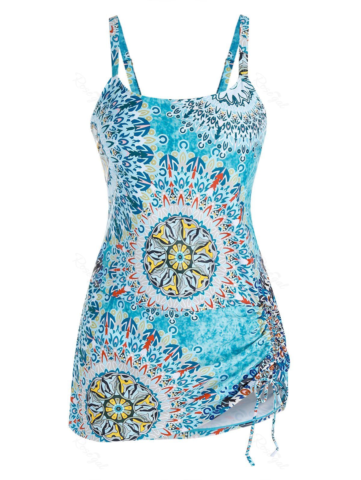 

Plus Size Tribal Print Cinched Tankini Swimwear, Multi
