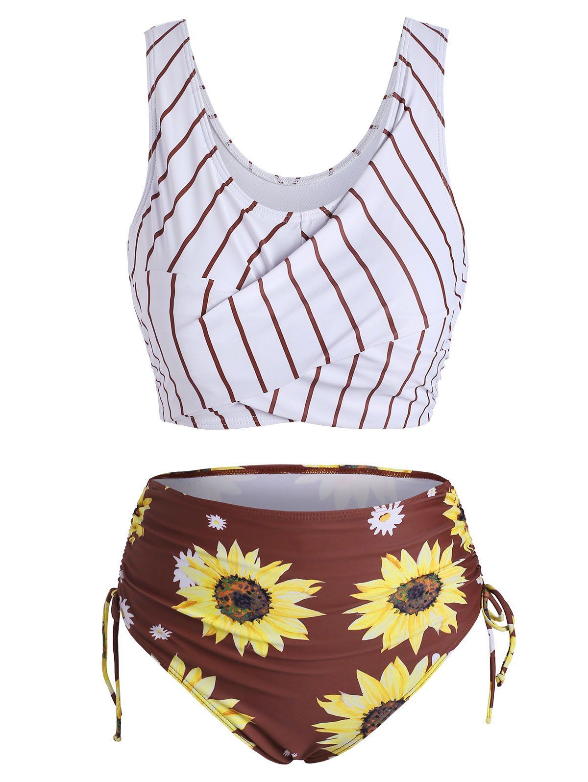 

Striped Sunflower Cinched Twist Ruched Tankini Swimwear, Red wine