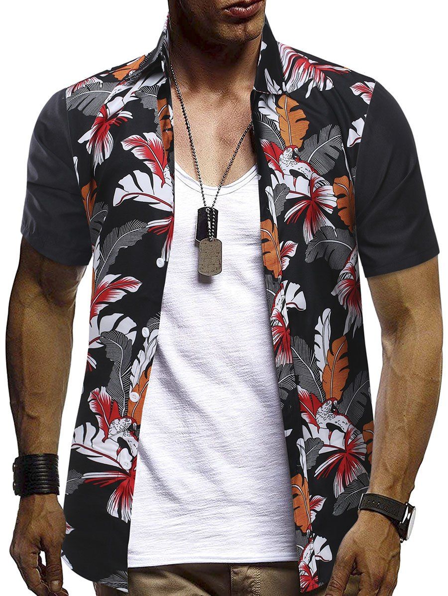 

Short Sleeves Leaf Print Hawaiian Shirt, Multi