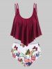 Maillot de Bain Trois-Pièces à Volants Papillon et Fleur Imprimés Grande-Taille - Rouge Vineux L