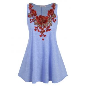 

Plus Size Floral Applique Longline Tank Top, Light blue