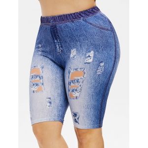 

Plus Size 3D Destroyed Jean Print High Rise Shorts, Ocean blue
