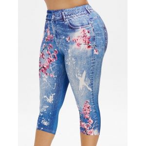 

Plus Size Peach Blossom 3D Denim Print Capri Leggings, Light slate blue