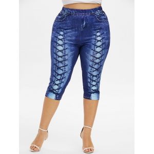 

Plus Size 3D Lace Up Jean Print Capri Leggings, Deep blue