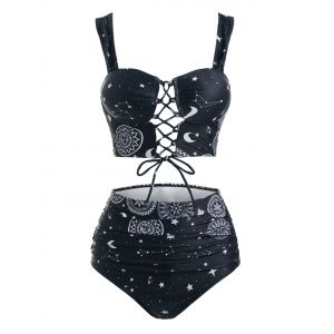 

Moon Sun Star Print Lace Up Tummy Control Tankini Swimwear, Black