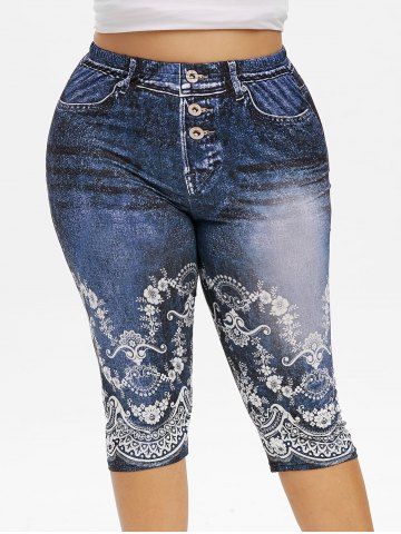 

Plus Size 3D Floral Print Capri Jeggings, Slate blue