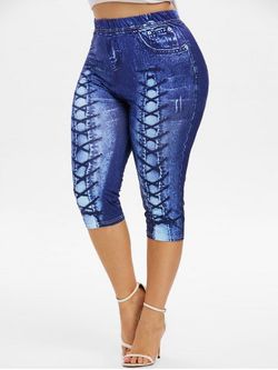 Plus Size 3D Lace Up Jean Print Capri Leggings - DEEP BLUE - 2X
