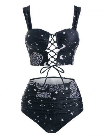 Moon Sun Star Print Lace Up Tummy Control Tankini Swimwear - BLACK - S