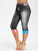 Plus Size American Flag Print 3D Capri Jeggings -  