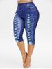 Legging Capri 3D Jean Imprimé de Grande Taille à Lacets - Bleu profond 2X