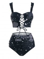 Maillot de Bain Tankini Gainant à Imprimé Léopard Lune Etoile Soleil à Lacets - Noir L