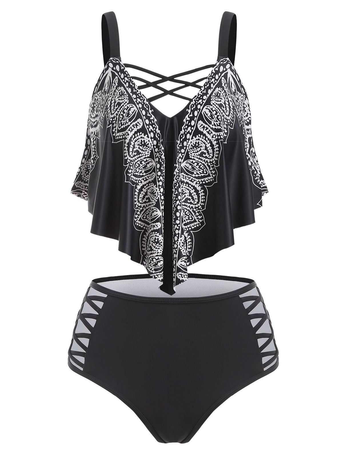 

Flounce Overlay Crisscross High Waisted Tankini Swimwear, Black