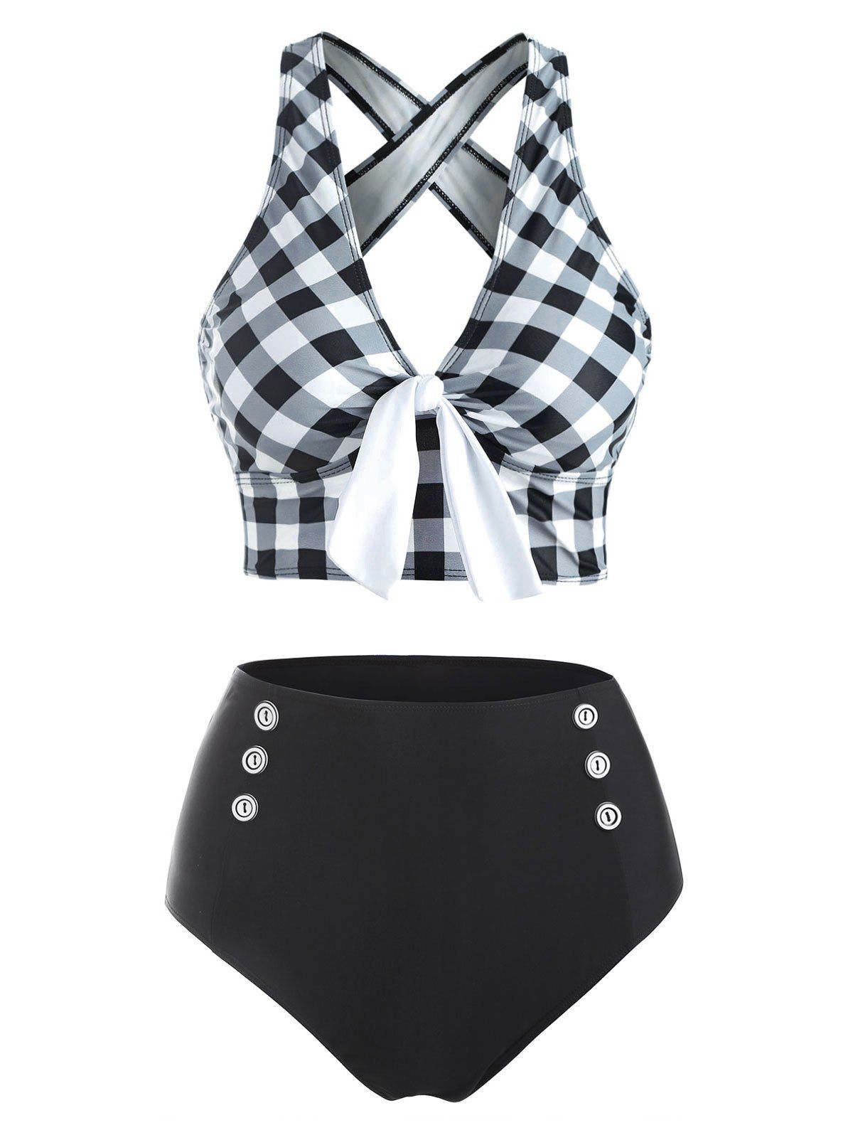 

Checkered Criss Cross Tied Button Embellished Tankini Swimwear, Black