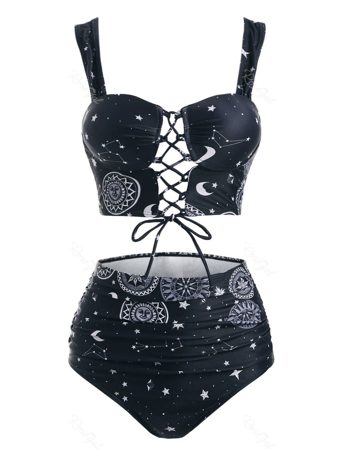 Outfits Moon Sun Star Print Lace Up Tummy Control Tankini Swimwear  