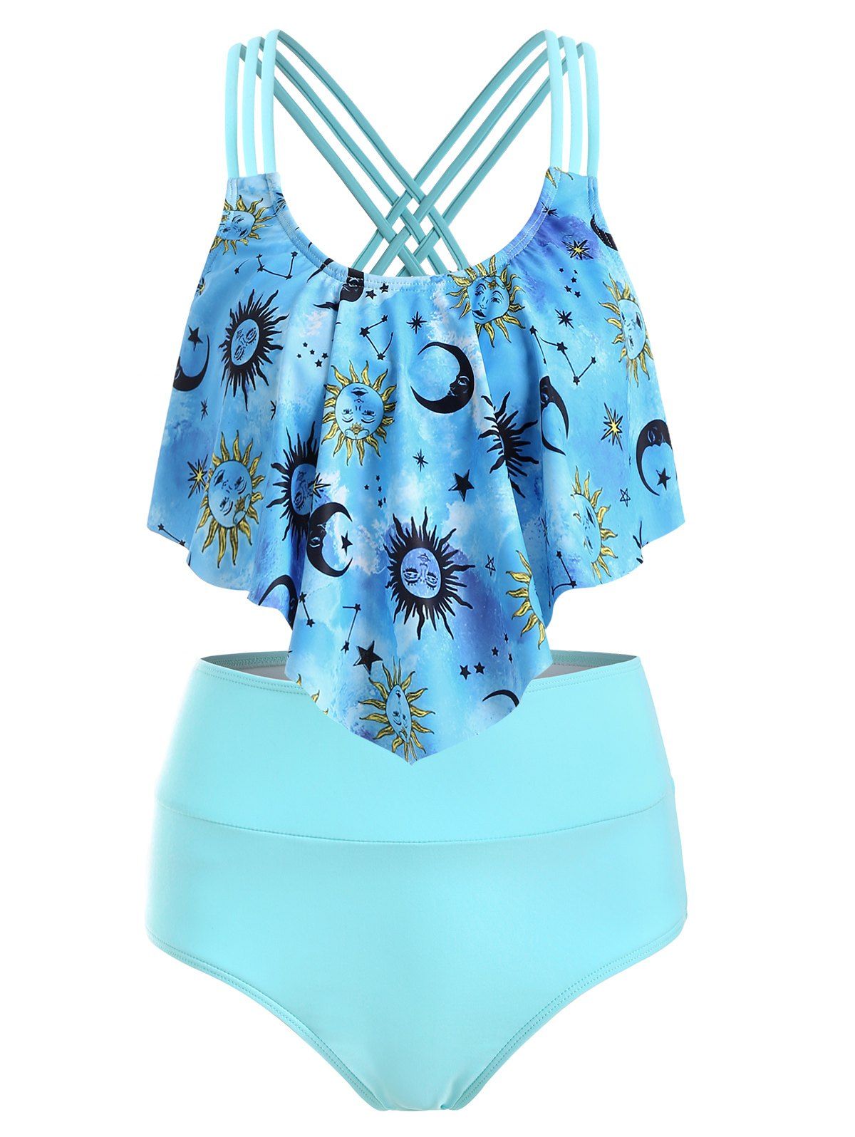 

Sun Moon Star Print Flounce Overlay Strappy Tankini Swimwear, Celeste