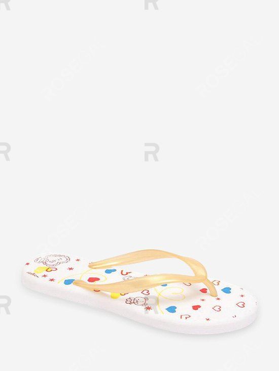 

Bear Heart Print Beach Flat Flip-flops, White