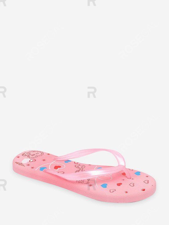 

Bear Heart Print Beach Flat Flip-flops, Pink