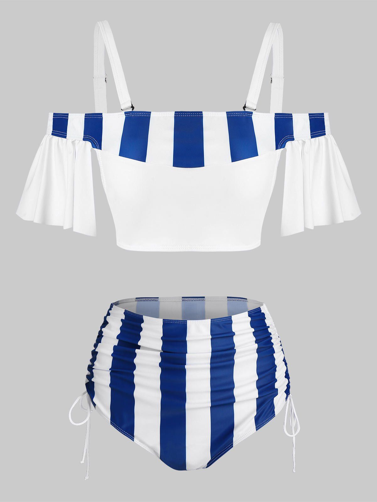 

Cold Shoulder Striped Cinched High Waist Two Piece Swimwear, Milk white