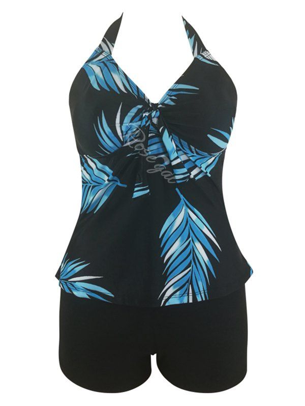

Plus Size Halter Leaves Print Tankini Swimwear, Black