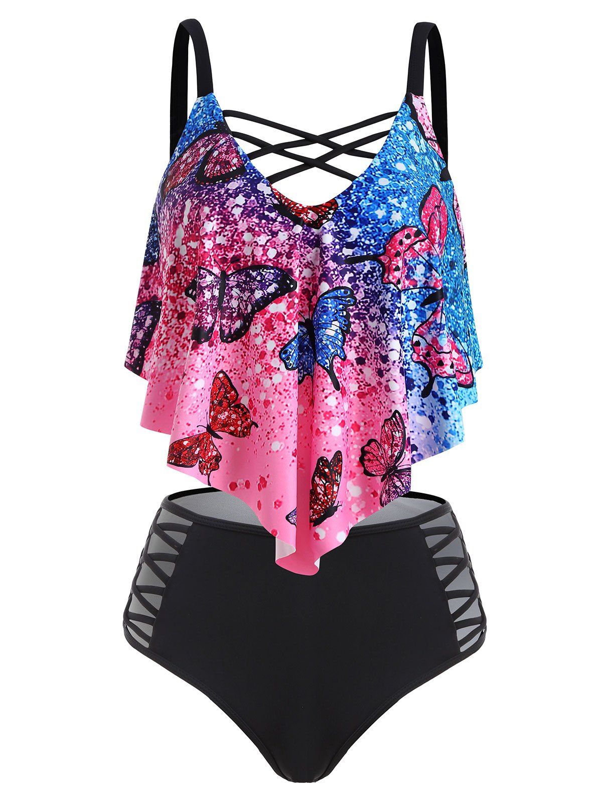 

Butterfly Print Crisscross Flounce Overlay High Waisted Tankini Swimwear, Multi