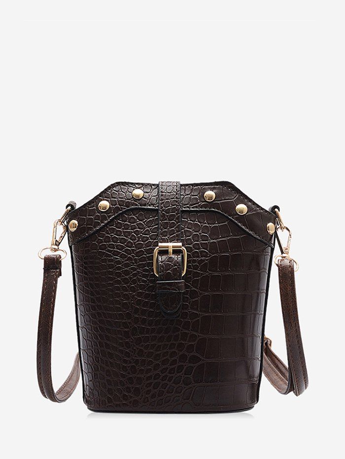 

Animal Embossed Buckled Leather Bucket Bag, Deep brown