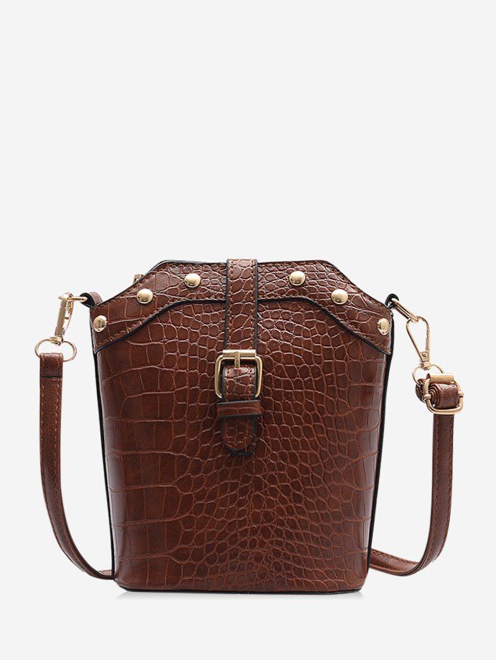 

Animal Embossed Buckled Leather Bucket Bag, Light brown