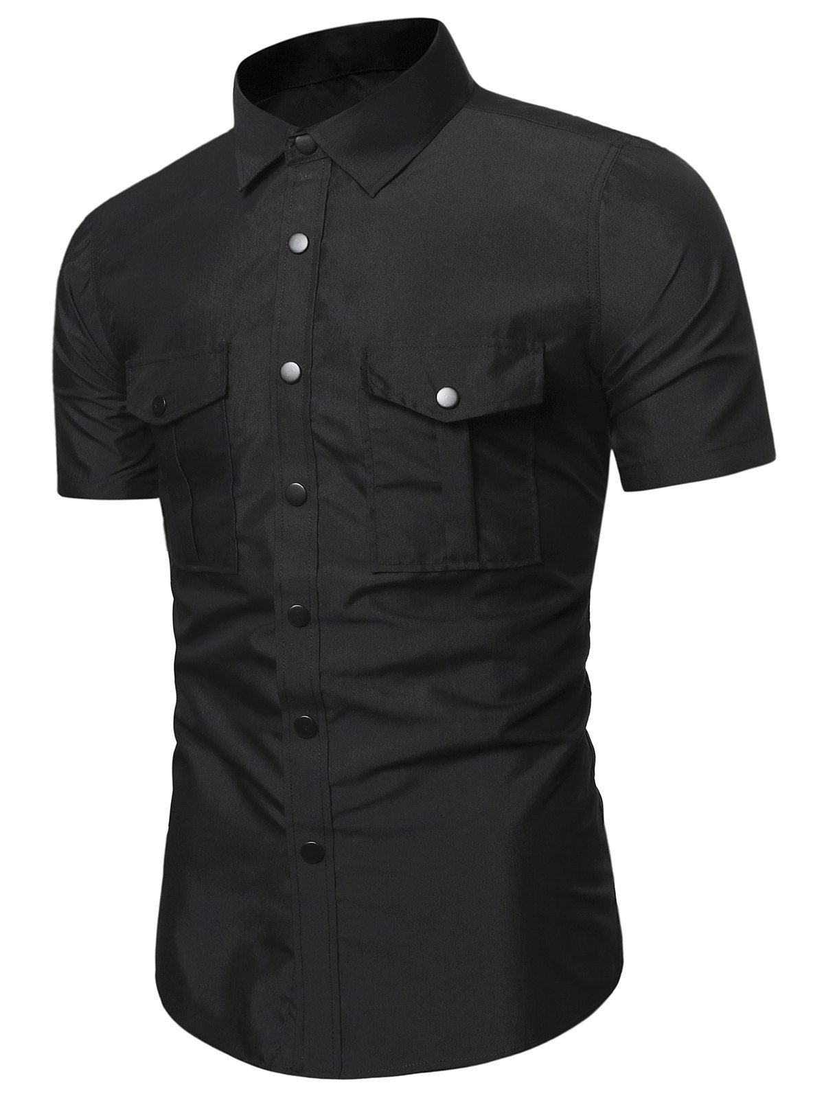 

Pure Color Flap Pockets Slim Fit Cargo Shirt, Black