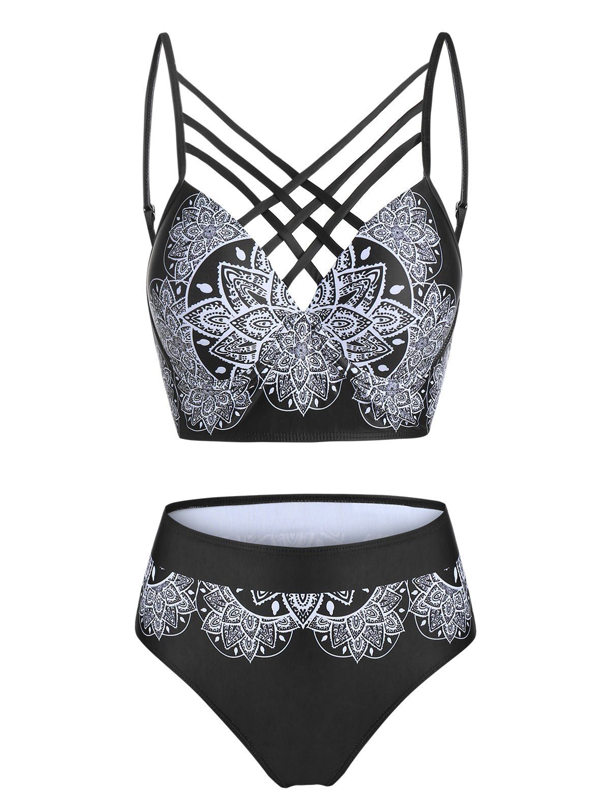 

Flower Print Cross Back Padded Tankini Swimwear, Black
