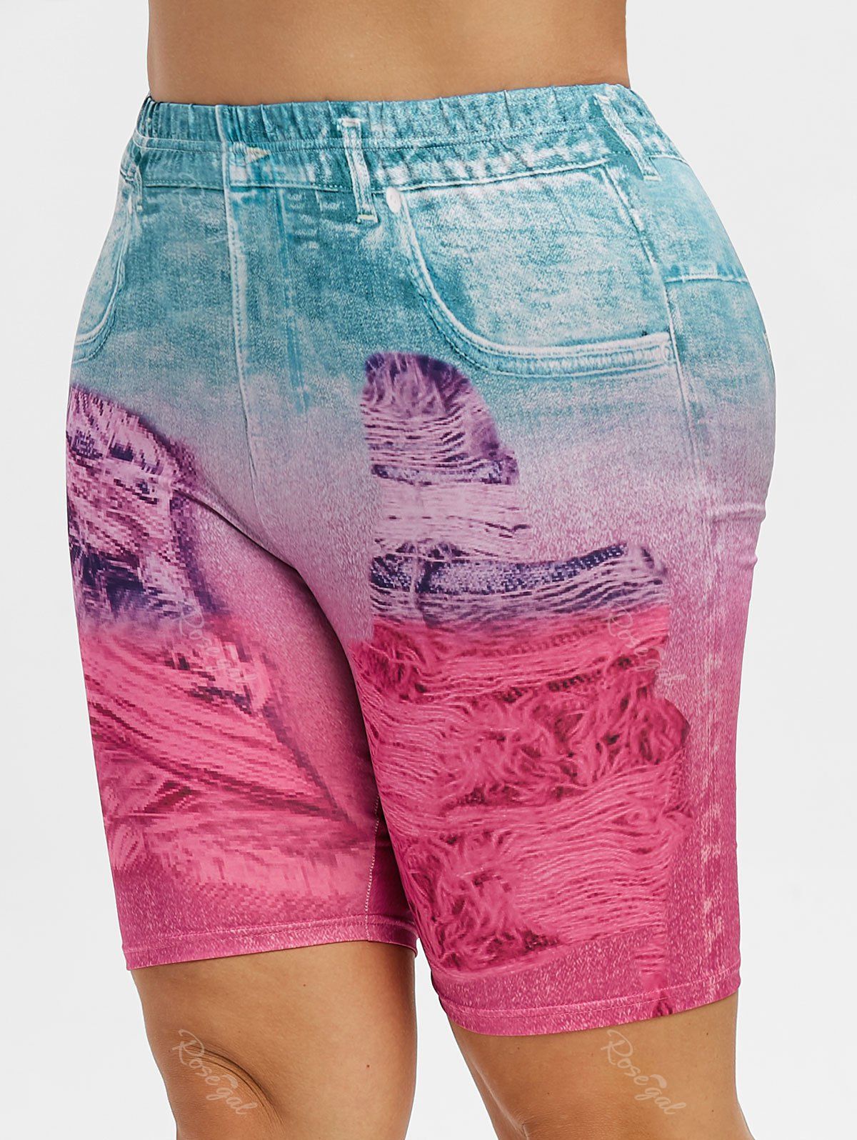 

Plus Size 3D Denim Print Ombre Color Shorts, Hot pink
