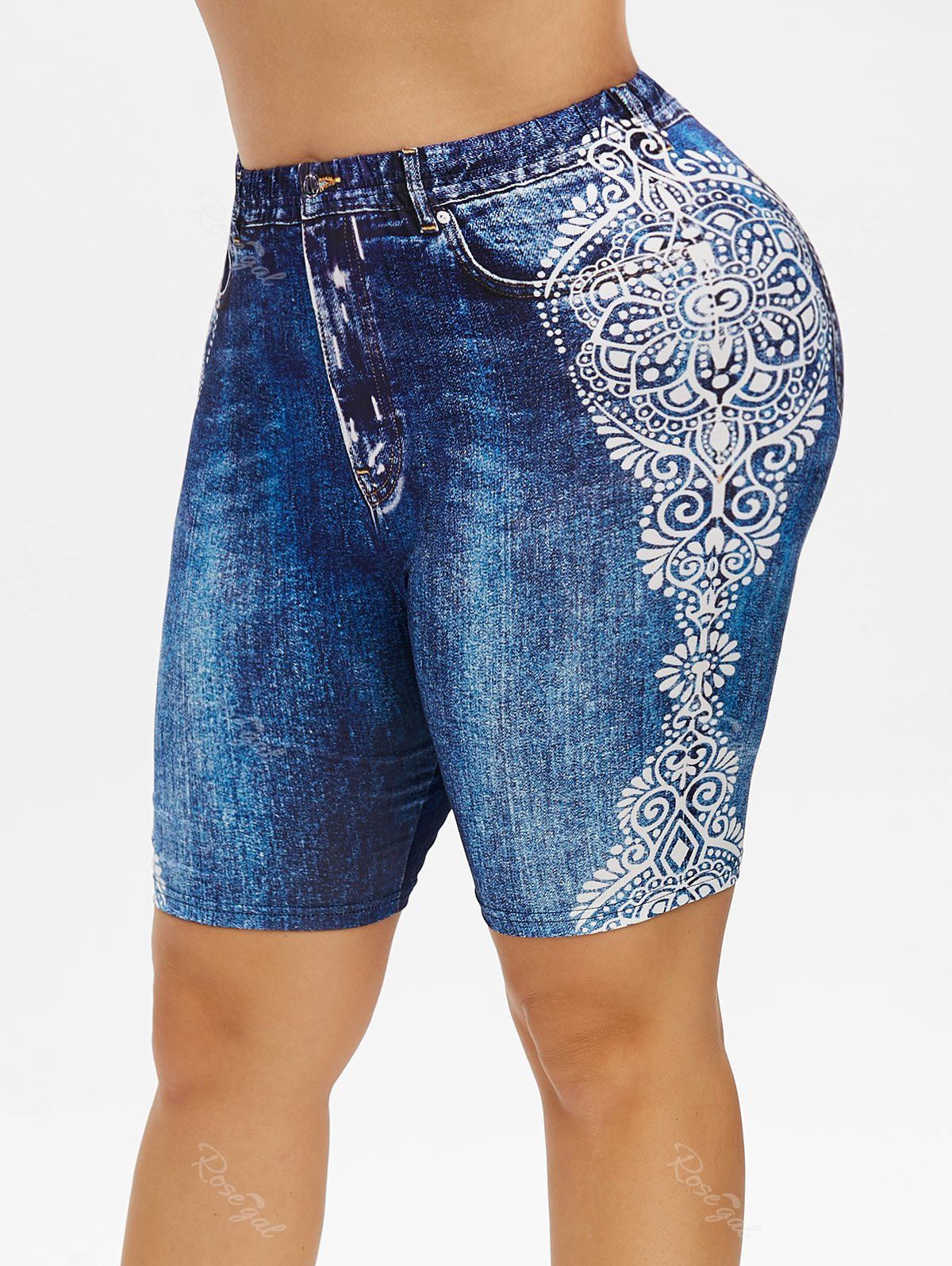 

Plus Size 3D Jean Print Tribal Shorts, Ocean blue