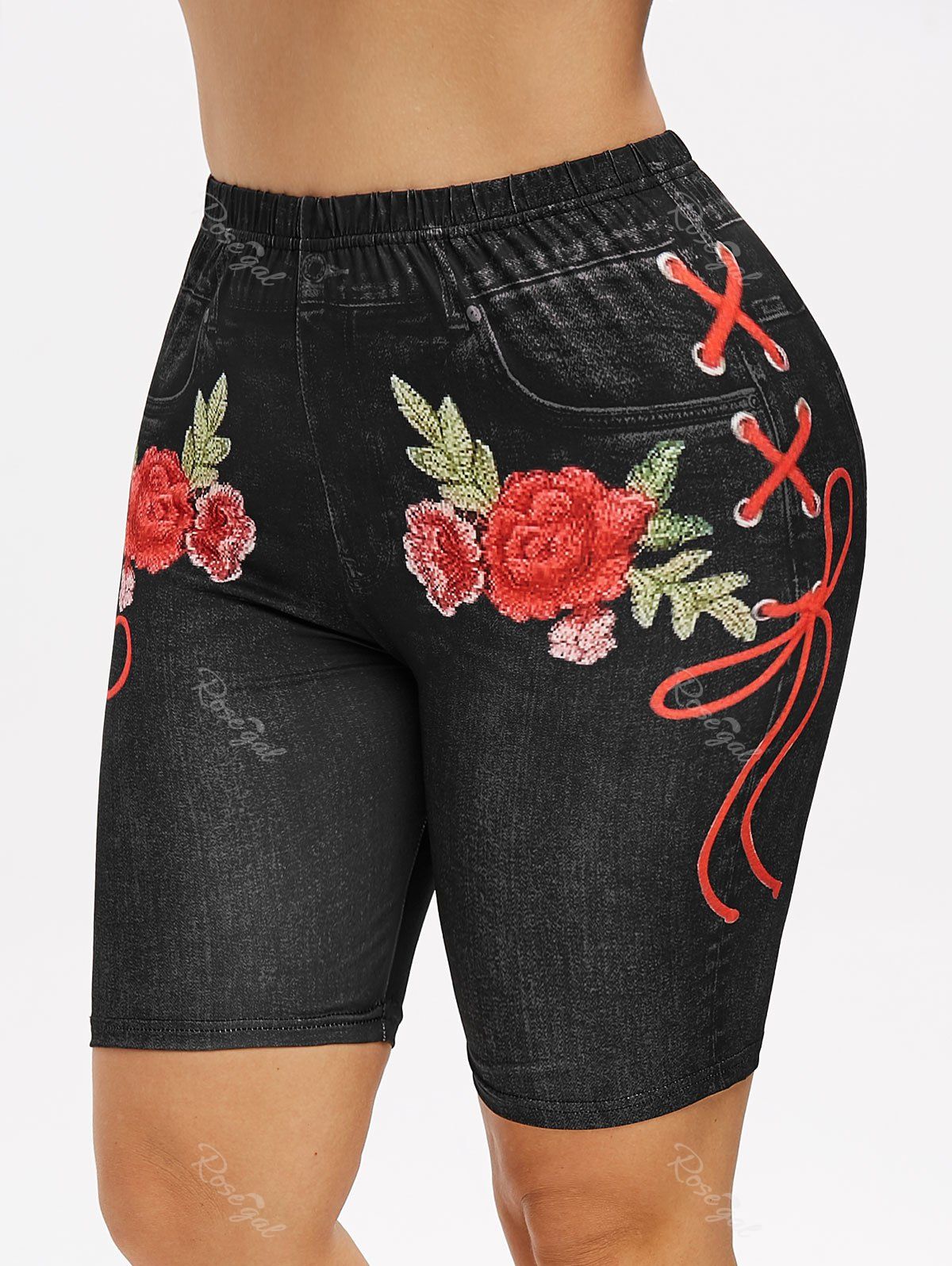 

Plus Size 3D Denim Print Applique Shorts, Black
