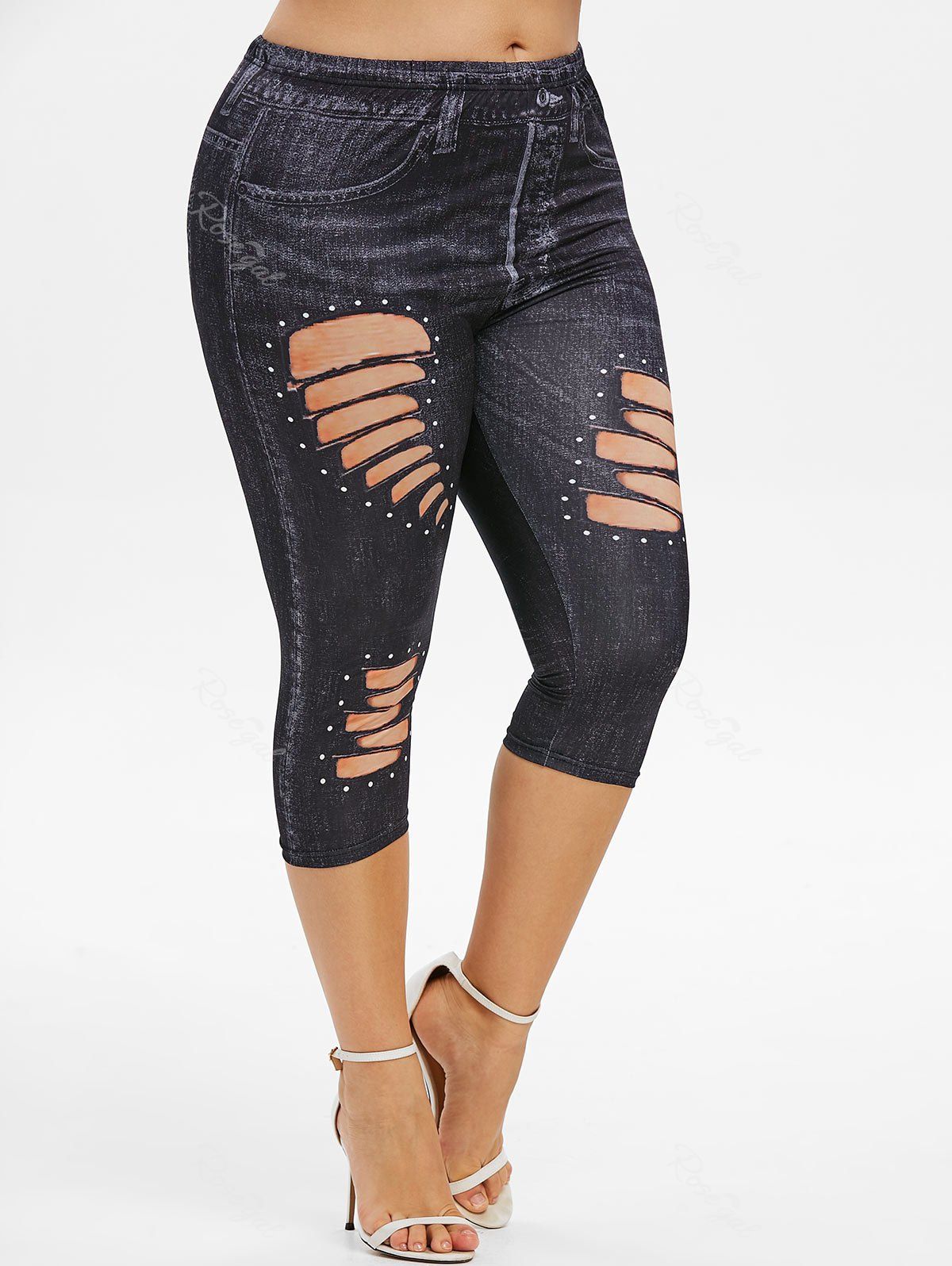 

Plus Size 3D Ripped Jean Print Capri Jeggings, Black