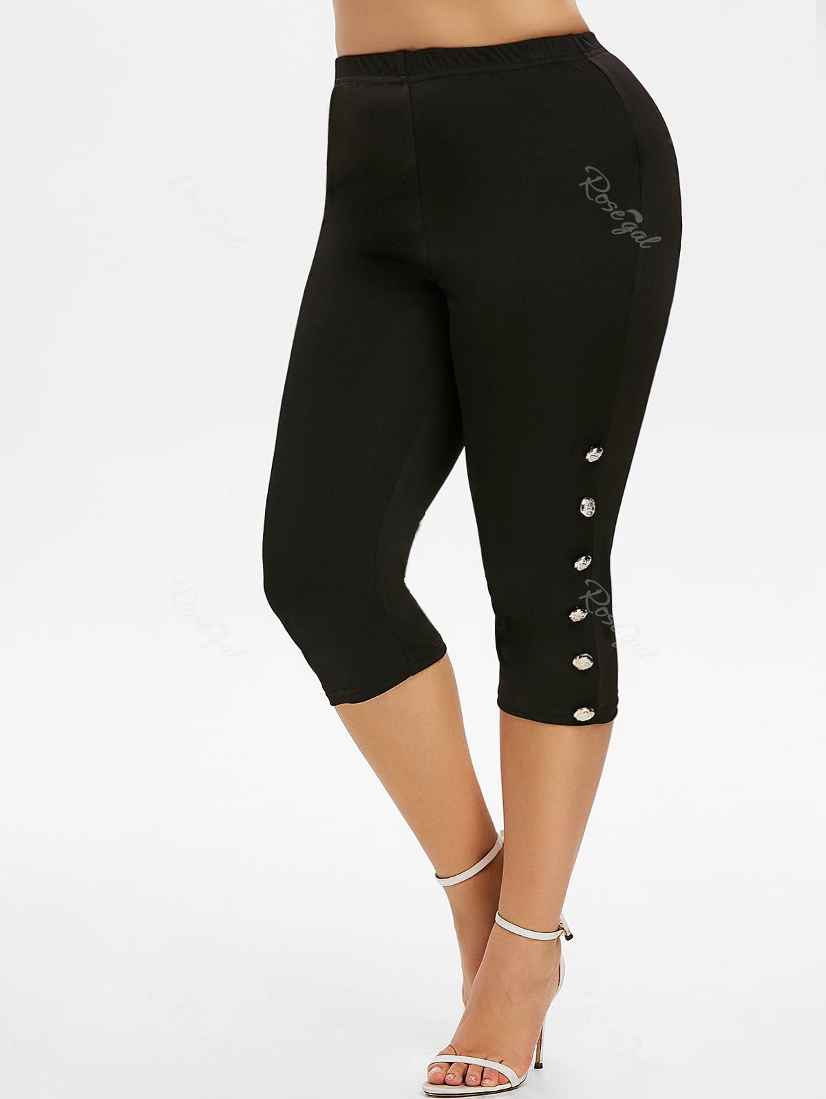 Plus Size High Waist Mock Button Capri Leggings [32% OFF] | Rosegal