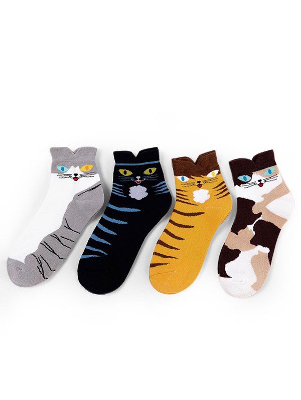 

4Pairs Cartoon Cat Print Ankle Socks Set, Multi-a